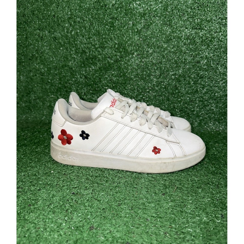 Adidas Womens Size 6.5 Grand Court 2.0 White Floral Flower Casual Shoes Sneakers